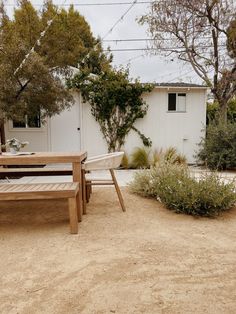 two wooden benches sitting next to each other on a dirt ground near trees and bushes