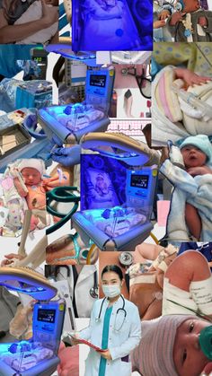 a collage of pictures with babies and medical equipment