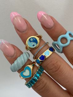 Evry Jewels blue and gold rings Polymer Clay Rings, Purity Rings, Rings Diy, Clay Rings, Rings Handmade, Nail Ring, Nail Jewelry