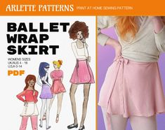 an advertisement for a women's skirt sewing pattern with the words ballet wrap skirt