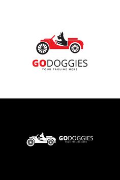 a dog riding on the back of a red car logo design for go doggies