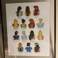 an image of disney princesses on display in a glass frame with watercolors