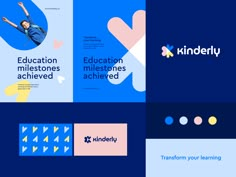 the brand identity for kinderly is shown in blue, pink and yellow colors