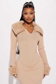 Available In Nude And Black. Collar Midi Dress V-Neckline Long Sleeve Detachable Fur Collar Stretch 68% Rayon 32% Polyester Imported | Majestic Elegance Collar Midi Dress in Nude size XL by Fashion Nova My Shopping List, Fashion Nova Dress, Fashion Nova Dresses, Fur Collar, Fur Collars, Fur Trim, Body Goals, Shopping List, Christmas Outfit