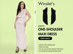 The 'Sierra' One-Shoulder Maxi Dress Sewing Pattern is an asymmetrical one-shoulder draped gown with a side-gathered silhouette and elegant high-low hem. Difficulty: Very Easy Description: This gown balances allure and elegance with its body-contouring gather and fluid drape that cascades to a subtle train, making it an ideal choice for formal events or elegant evenings. Styling: Elevate this look with sleek stilettos and a statement clutch. Adorn with delicate jewelry to accentuate the neckline One Shoulder Dress Pattern, Shoulder Dress Pattern, Pattern Prom Dress, Pdf Dress Pattern, Dress Pattern For Women, Maxi Dress Sewing Pattern, Maxi Dress Sewing, Maxi Dress Pattern Sewing, Prom Dress Pattern