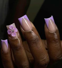 Nail Ideas White And Purple, Purple French Tip With Pearls, Purple Nails Acrylic Flower, Lavender Nails Birthday, Lilac Short Nails Design, Nail Ideas For 12 Yo, Cute Purple Nail Ideas Short, Short Acrylic Nails Purple Design, Purple Aesthetic Nails Short