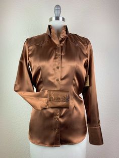 Super Shine Satin with 8 hand placed Swavorski crystal starbursts. 100% Polyester Made in USA Western Show Shirts, Copper Brown, Brown Satin, Satin Shirt, Made In Usa, Copper, Satin, Fabric, Quick Saves