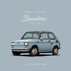 an old blue car with the words bamboino on it