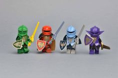 five lego knights are lined up in a row