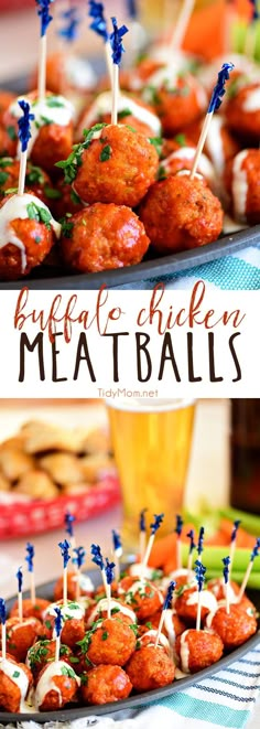 a plate full of meatballs with toothpicks on them and the words, bite me chicken meatballs