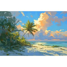 an oil painting of palm trees on the beach with blue sky and clouds in the background