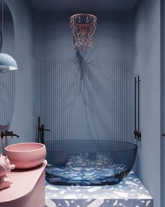 a bathroom with a sink, mirror and basketball hoop in it's center area