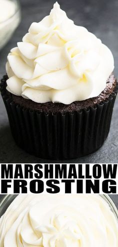 there is a chocolate cupcake with white frosting on it and the words marshmallow frosting above it