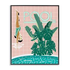 a woman swimming in a pool surrounded by plants and palm trees, with the word pool above