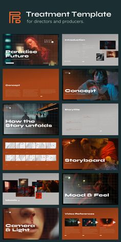 an orange and black presentation board with different images on it, including the words treatment template