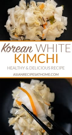 korean white kimchi with chopsticks in a black bowl