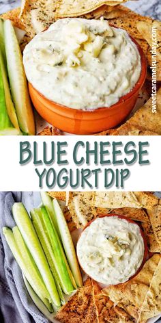 blue cheese yogurt dip in a bowl with crackers and celery