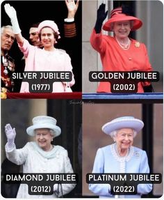 four pictures of the queen and prince of england with their names in different languages on them