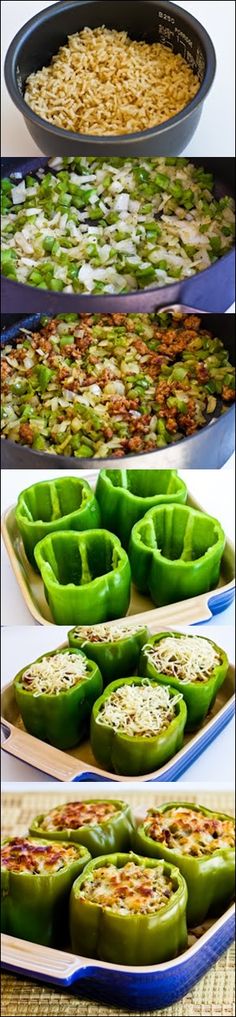 green peppers are being cooked in pans and placed on top of each other, ready to be baked