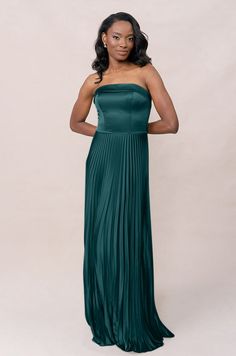 Model: April; Size: 4; Color: Classic Emerald Vibrant Bridesmaids, Satin Pleated Dress, Elevated Wedding, Floral Satin Dress, Pleated Satin Dress, European Garden, Bra Cups, Fold Over, Straight Cut