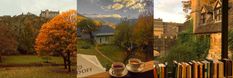 three different views of houses and trees with books on the window sill in front of them