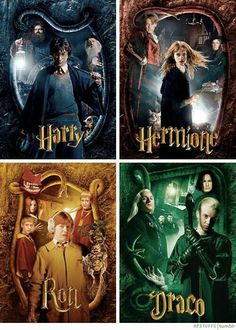 four harry potter movie posters are shown in three different colors and sizes, each with their own character