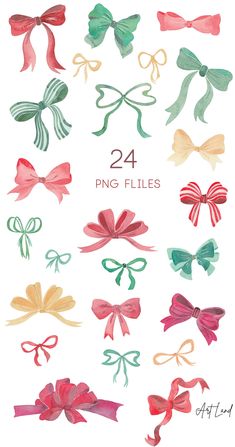 watercolor bows are shown in different colors and sizes, with the words 24 png files