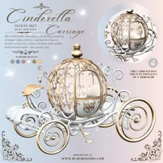 an advertisement for cinderella's carriage is shown in white and gold with intricate details