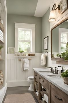 a bathroom with two sinks and a toilet