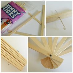 several pictures of popsicle sticks and toothpicks being used to make an origami bird