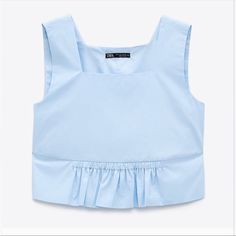 Zara Baby Blue Crop Top Blouse. Blue Summer Workwear Tops, Blue Tops For Summer Workwear, Blue Sleeveless Blouse Crop Top, Blue Cotton Tank Top With Ruffles, Sleeveless Blue Zara Tops, Blue Cotton Tank Top For Work, Casual Blue Zara Tank Top, Zara Blue Summer Blouse, Cropped Blue Blouse For Summer