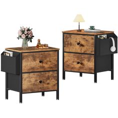 two wooden nightstands with drawers and a lamp on each side, one is open