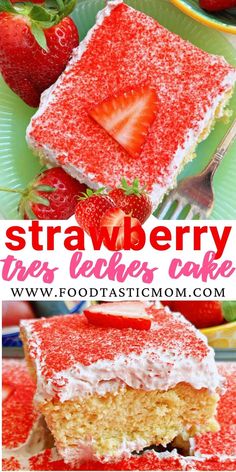 strawberry layer cake on a plate with strawberries