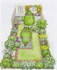 a drawing of a garden with lots of green grass