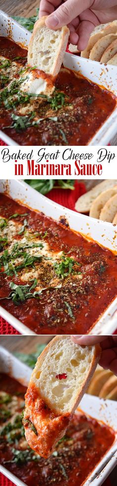 the process of making homemade garlic bread dip in marinara sauce is shown with images