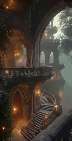 an image of a building with stairs in the fog