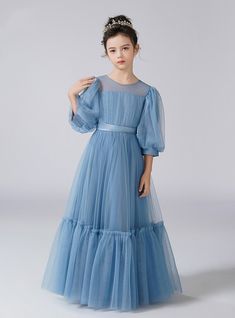 Blue Tulle Puff Sleeve Pleats Flower Girl Dress Blue Dresses For Kids, Custom Made Wedding Dresses, Flower Girl Dresses Blue, Tulle Flower Girl Dress, Green Tulle, Baby Blue Dresses, Girls Blue Dress, Tulle Flower Girl, Crystal Trim