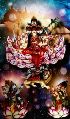 an image of hindu deities and their pets in the sky with stars behind them,