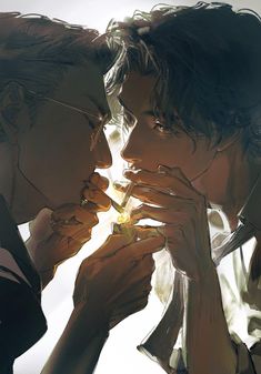 two people are kissing each other with their noses close to one another while the sun shines behind them