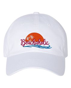 "Beachaholic beach lover embroidered cap with colorful ocean wave and palm trees and sun on a cotton twill cap, one size.  100% cotton twill cap-6-panel-unstructured-Vacation Hat-Mens or Womens cap for beach vacation lover gift unisex ball cap.  Colors can be change to suit color of hat chosen. Anvil Brand Adult Solid Low-Profile Twill  Features: *100% cotton twill *6-panel, low-profile *unstructured with top button and two metal grommets on side panels *matching color sweatband *fabric closure Vacation Hat, Embroidered Cap, Beach Lover, Embroidered Caps, Embroidered Hats, Ocean Wave, Beach Lovers, Caps For Women, Side Panels