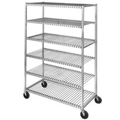 a metal rack with four shelves and wheels on the bottom shelf is shown in front of a white background