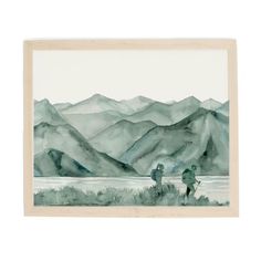 watercolor painting of two people hiking in the mountains