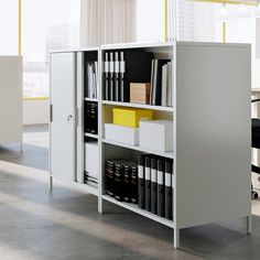 a bookcase with files and folders in an office