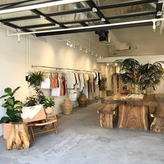 a room filled with lots of wooden furniture and potted plants next to each other