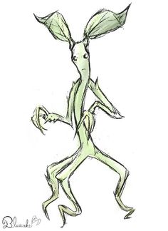 a drawing of an alien running with leaves on its head