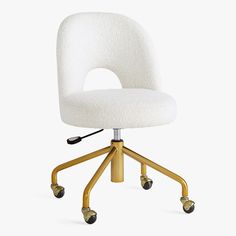 a white office chair with wheels and casteors on an upholstered seat, viewed from the front