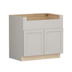 a white cabinet with two doors on the front and one door open to reveal an empty drawer