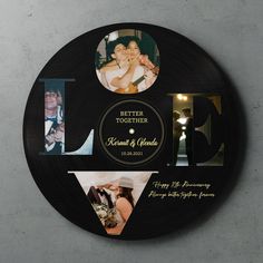 a couple's wedding photo collage on a black clock with the word love written below it