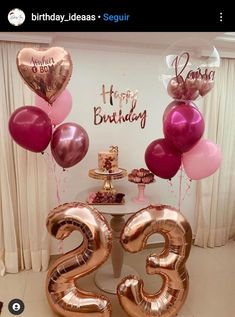 the number twenty two is surrounded by balloons and other decorations in pink, gold and silver