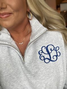 Follow us on Instagram at Southernchicmonogram for tons of samples Complete your preppy look this fall with our monogrammed quarter zip pullover. This sweatshirt is warm enough for those chilly fall days and comfy enough to wear all year! **AES pullover is Ash, Black thread, & Master Circle Font model is a size16/18 and is wearing a 2xl for an oversized look-can wear an xl for a more fitted look **AES with white thread is open octagonal font** **Sorority pullover is Ash, Hot Pink thread, Standard Greek font model is a size16/18 and is wearing a 2xl for an oversized look-can wear an xl for a more fitted look PROFESSIONALLY EMBROIDERED FREE SHIPPING ONCE YOUR ORDER REACHES $100.00 before shipping HOW TO ORDER PERSONALIZATION BOX at checkout 1. Monogram in First LAST Middle order. Your last n Greek Font, Monogram Pullover, New Wardrobe Ideas, Ideas For Embroidery, Preppy Gifts, Pink Thread, Monogram Ideas, Circle Font, Preppy Clothes